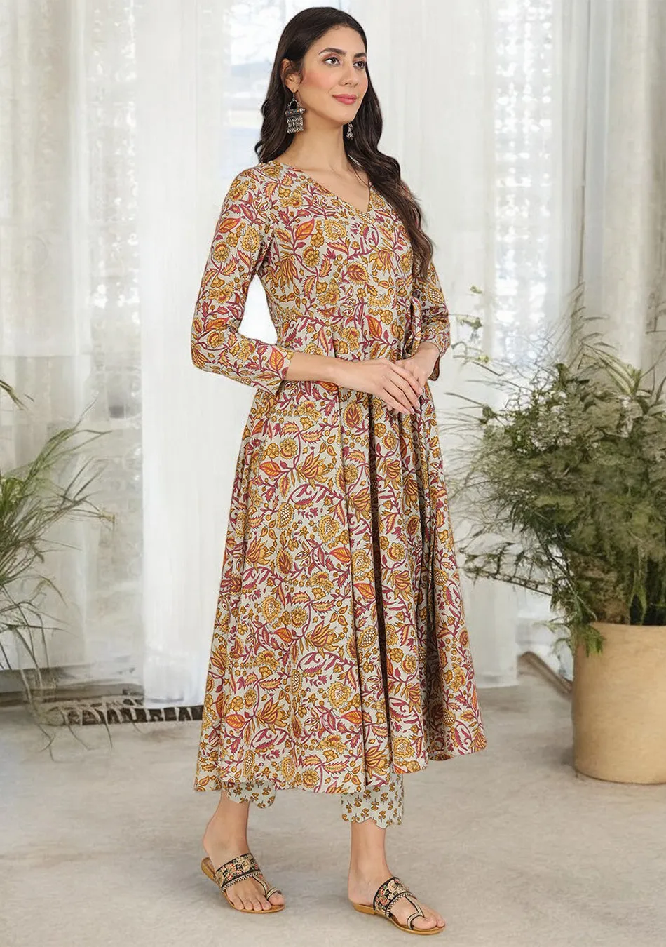 Brown Floral Print Cotton Angrakha Kurta Pants set