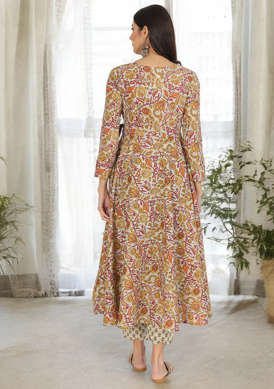 Brown Floral Print Cotton Angrakha Kurta Pants set