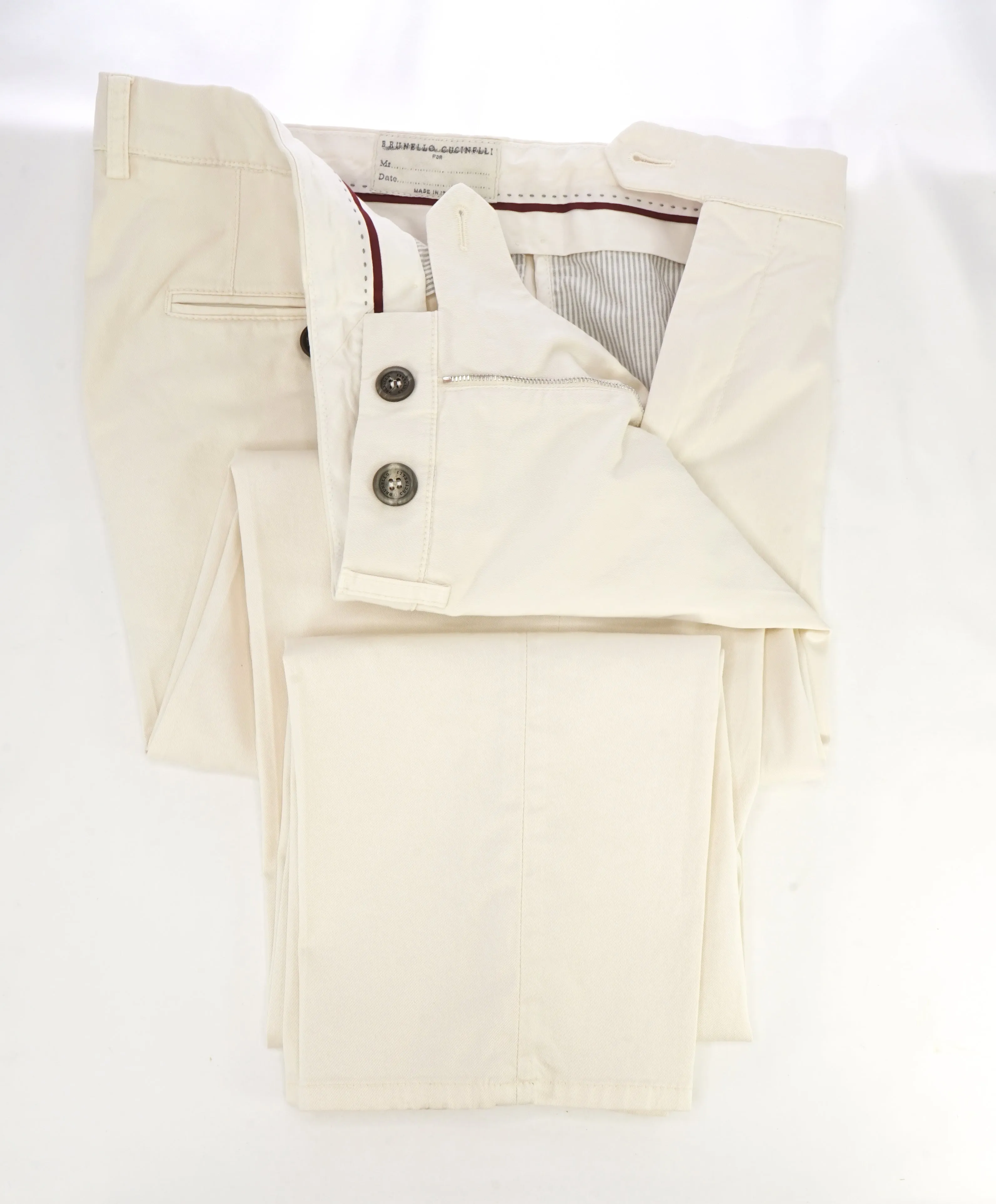 BRUNELLO CUCINELLI - Cream Logo/Horn Button Chino Cotton Pants - 34W