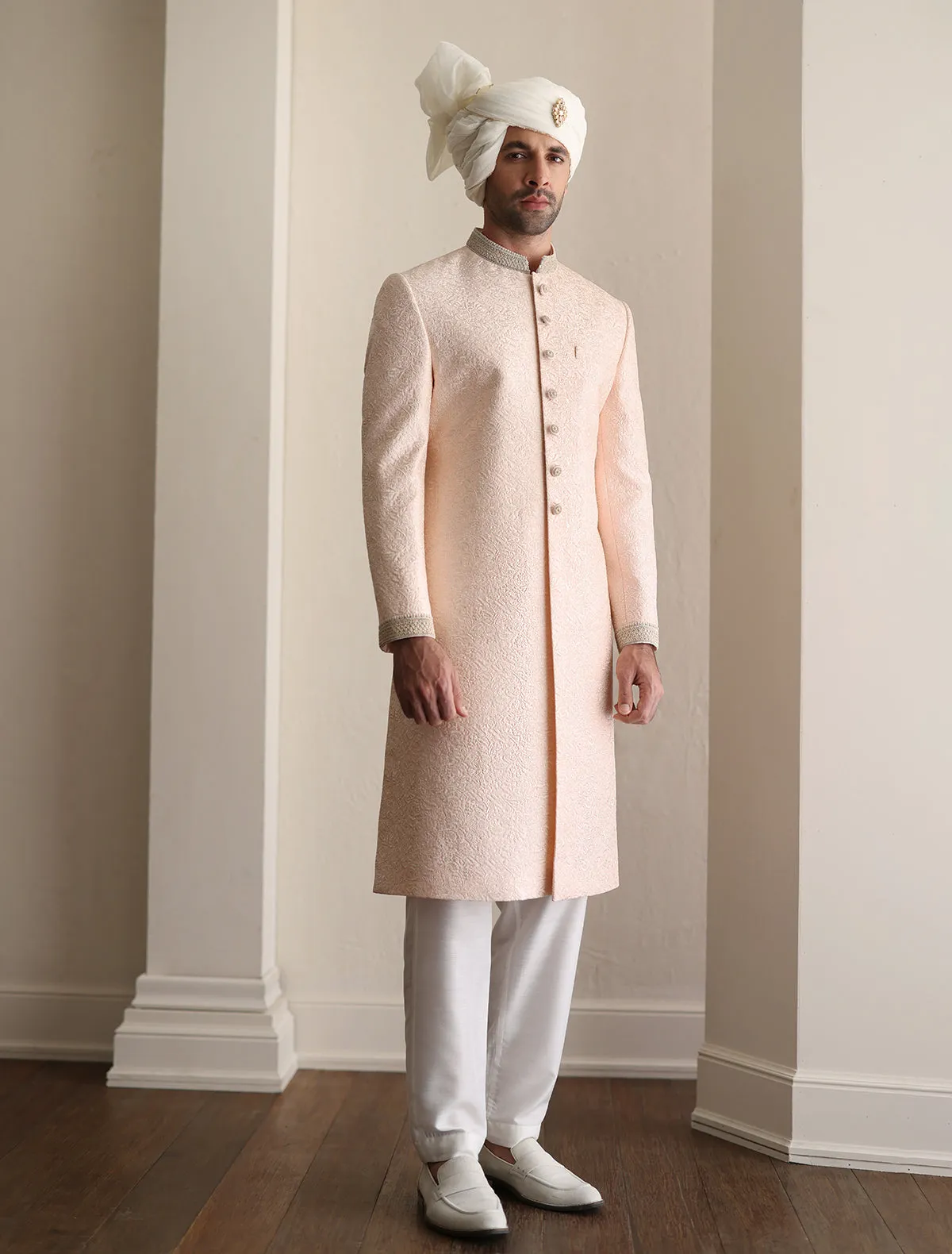 Classic Powder Pink Heavy Embroidered Pakistani Groom Sherwani