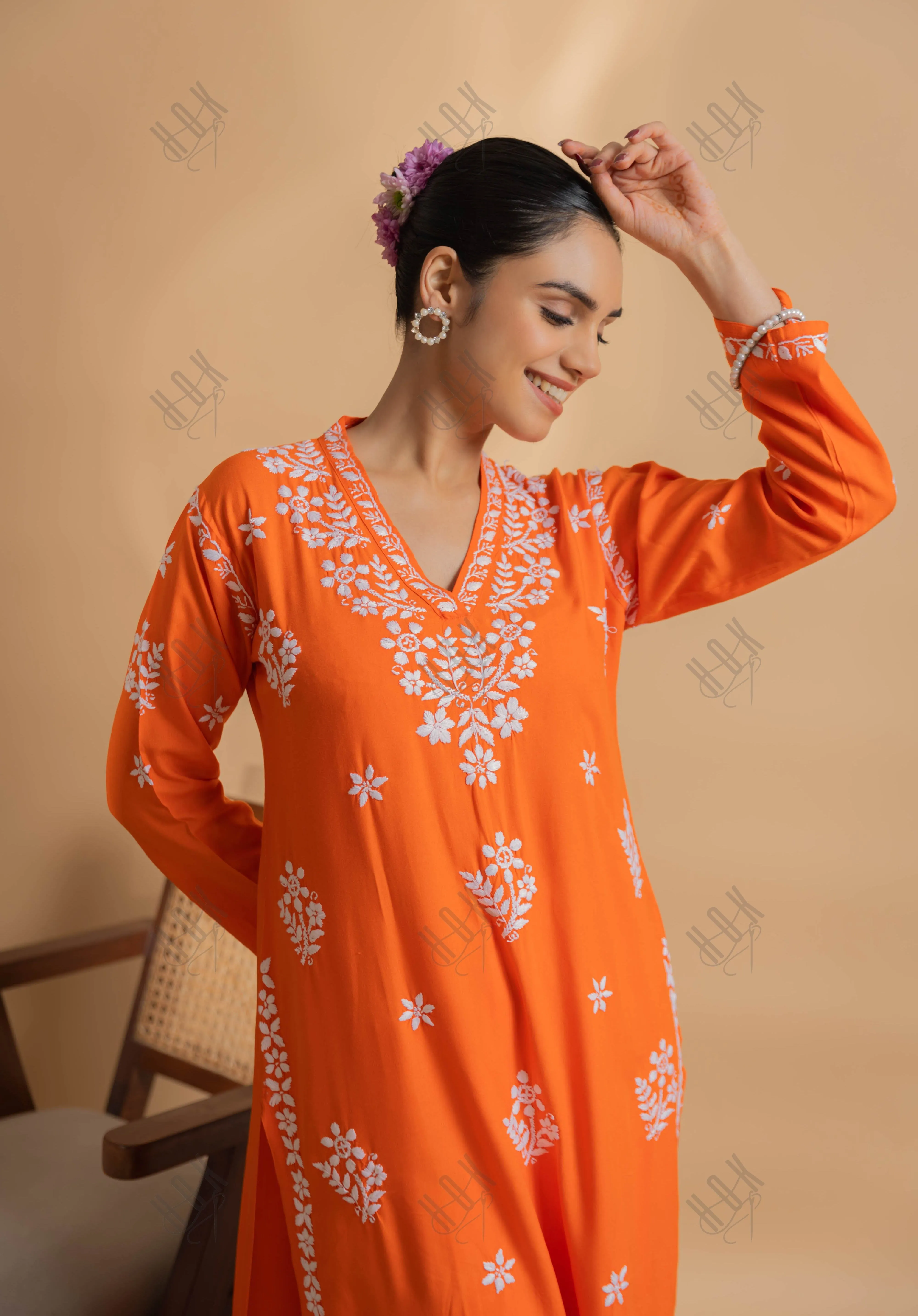 Cotton Blossom Chikankari V-Neck Kurta - Orange