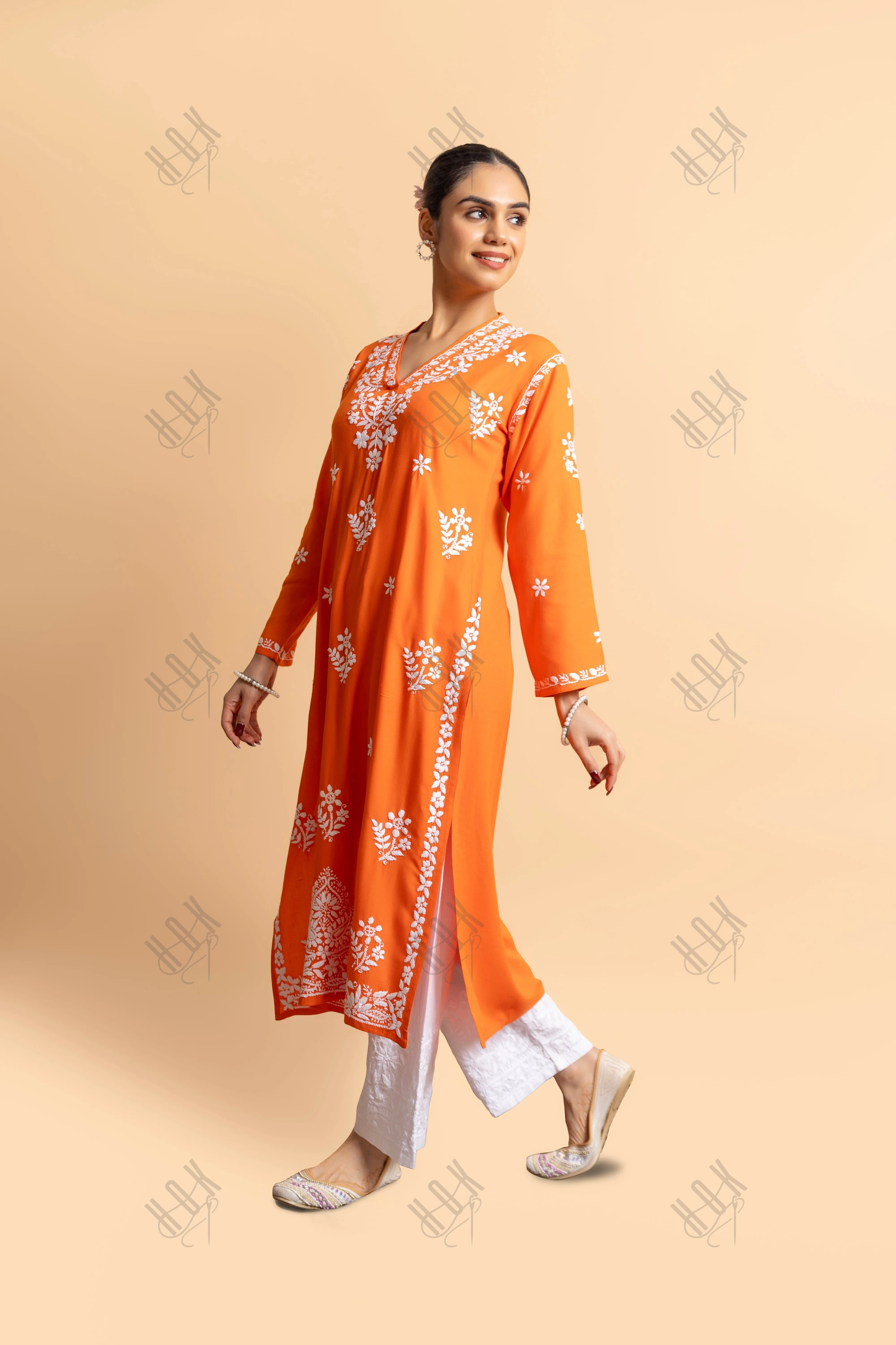 Cotton Blossom Chikankari V-Neck Kurta - Orange