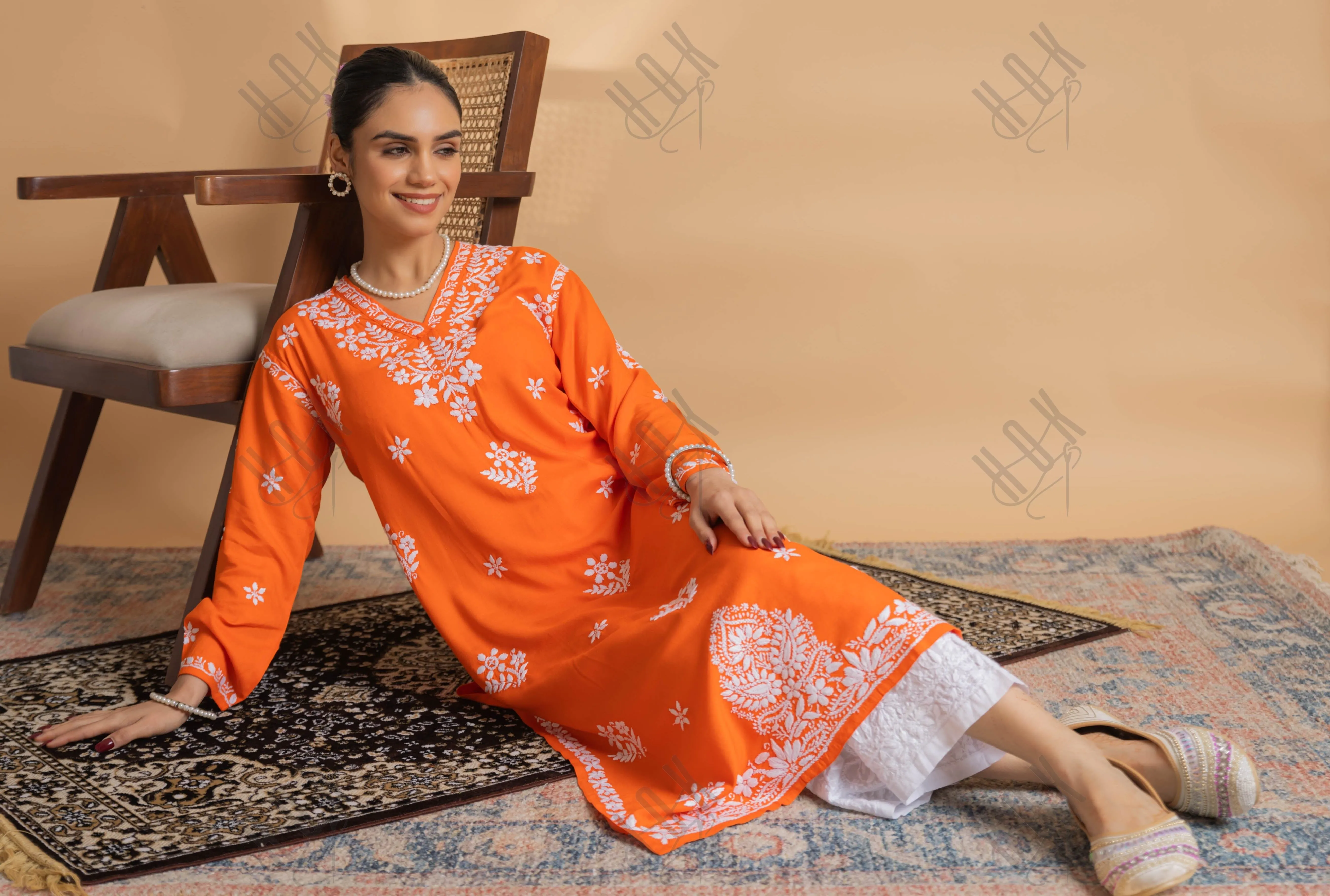 Cotton Blossom Chikankari V-Neck Kurta - Orange