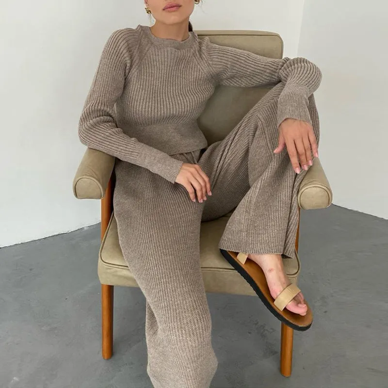 Cozy Casual Ribbed Knit Crew Neck and Pants Co-ords