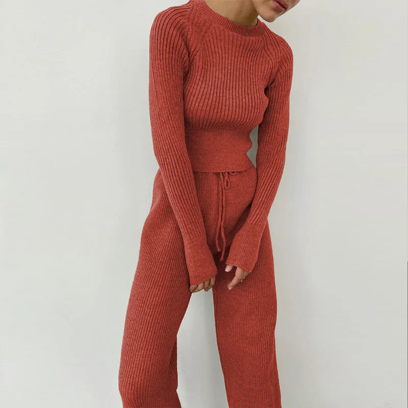 Cozy Casual Ribbed Knit Crew Neck and Pants Co-ords