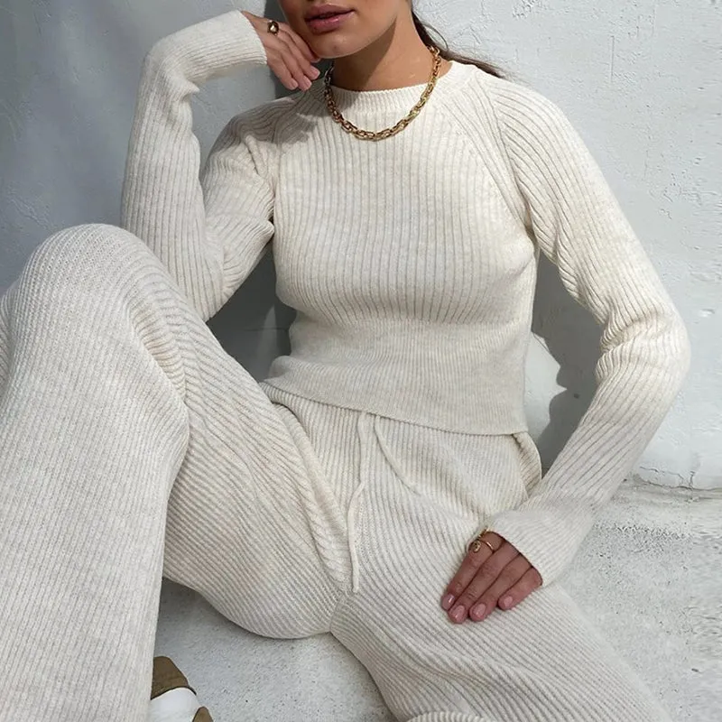 Cozy Casual Ribbed Knit Crew Neck and Pants Co-ords