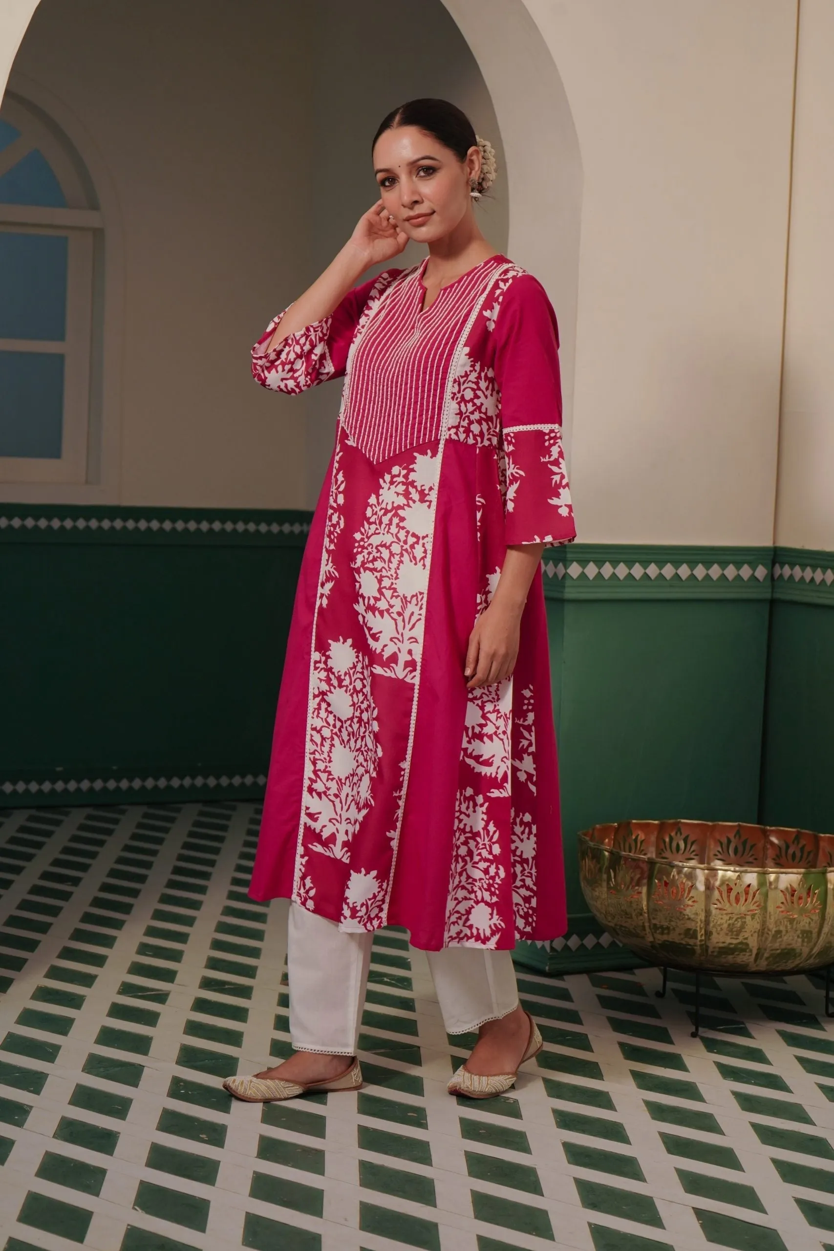 Cranberry Charm Kurta with hand embroidered beadwork yoke with pure cotton Narrow Pants for women