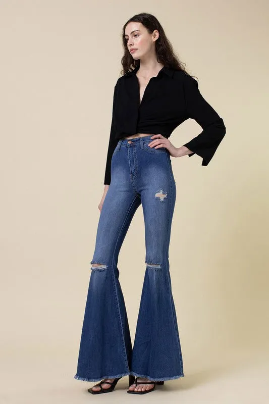 Dark Blue Long Tall High-Rise Flare Denim Jean Pants