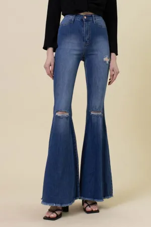 Dark Blue Long Tall High-Rise Flare Denim Jean Pants