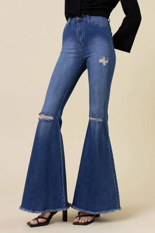 Dark Blue Long Tall High-Rise Flare Denim Jean Pants