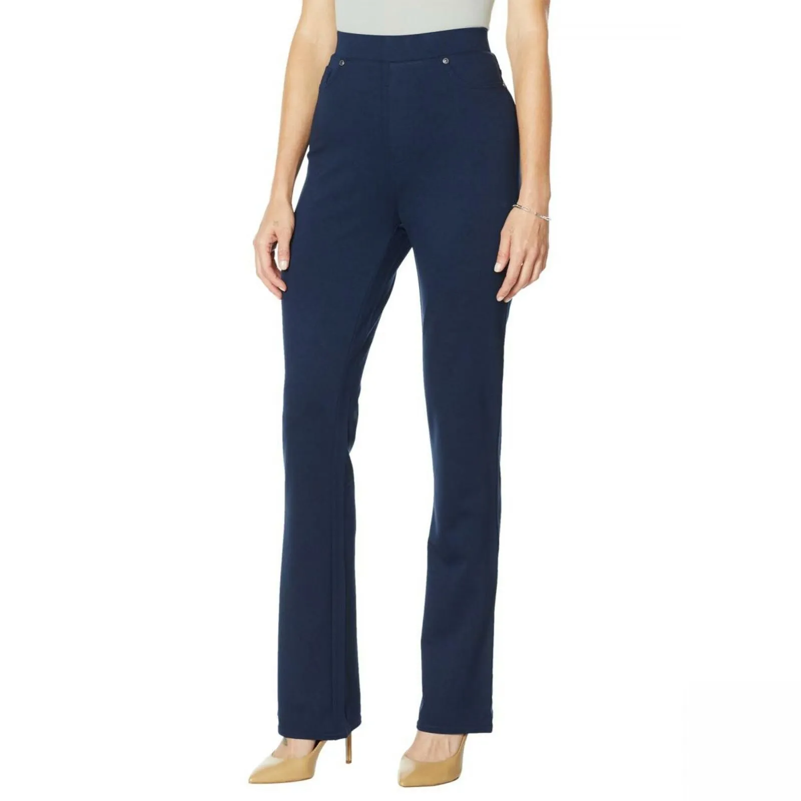 DG2 by Diane Gilman Pull On Stretch Ponte Boot Cut Pants Navy Petite Medium