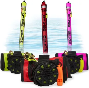 Divesafe Delayed Surface Marker Buoy - 6Ft Open Bottom with over Pressure Valve, High Visibility Reflective Band, Strobe Light or Flashlight Holder, 100Ft ABS Finger Reel and Whistle