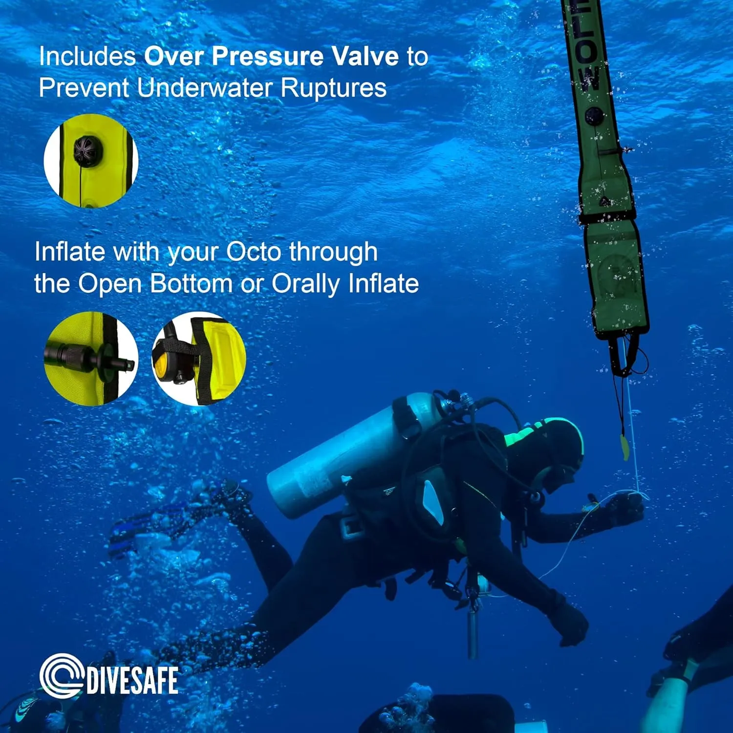 Divesafe Delayed Surface Marker Buoy - 6Ft Open Bottom with over Pressure Valve, High Visibility Reflective Band, Strobe Light or Flashlight Holder, 100Ft ABS Finger Reel and Whistle