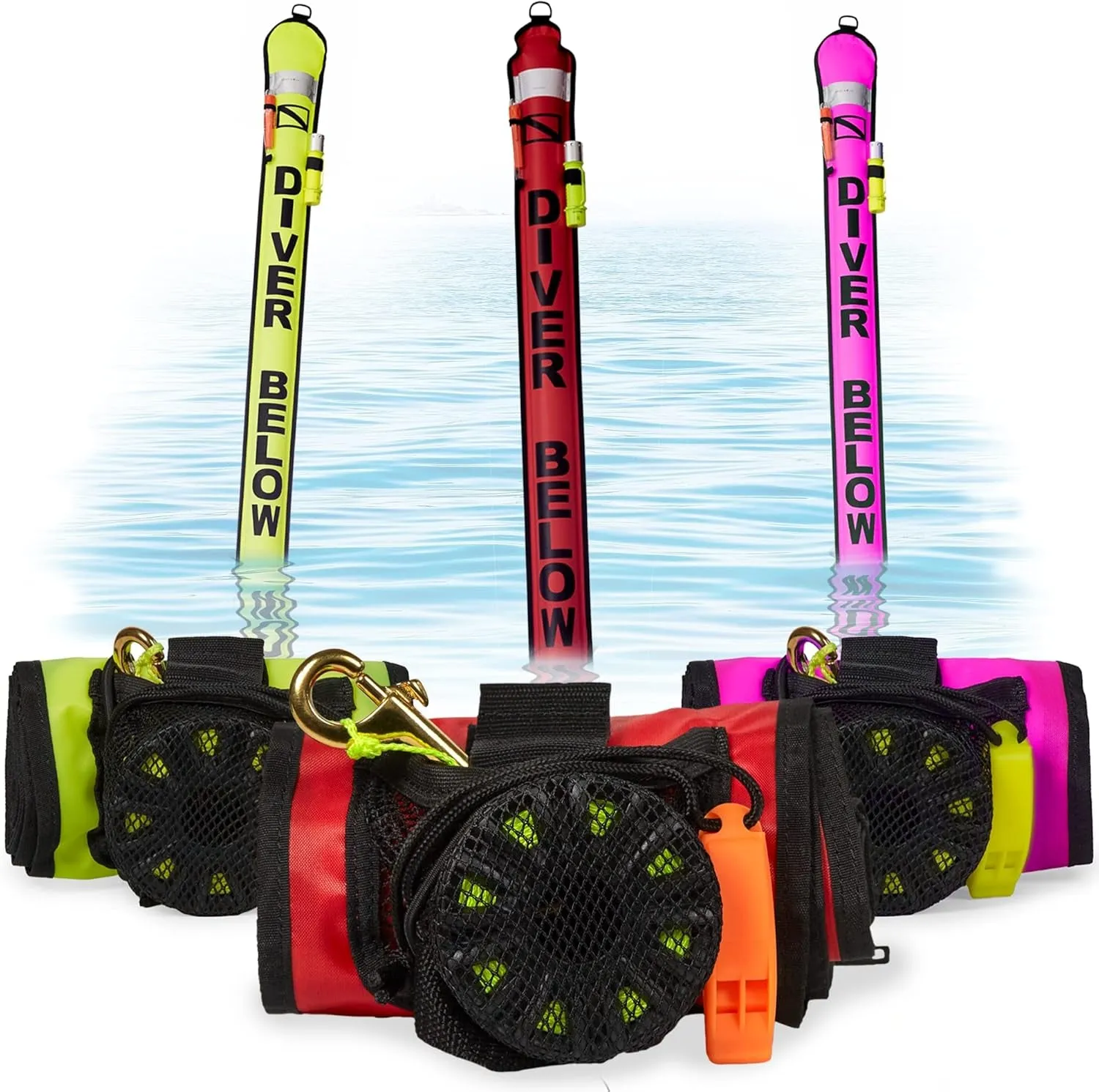 Divesafe Delayed Surface Marker Buoy - 6Ft Open Bottom with over Pressure Valve, High Visibility Reflective Band, Strobe Light or Flashlight Holder, 100Ft ABS Finger Reel and Whistle