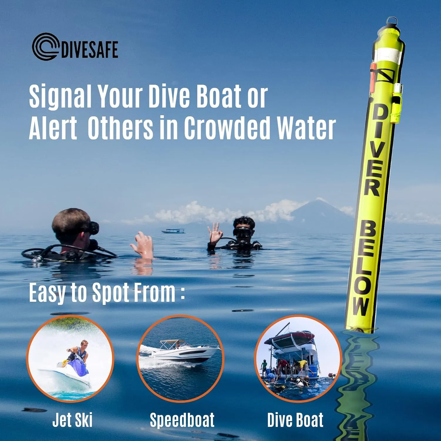 Divesafe Delayed Surface Marker Buoy - 6Ft Open Bottom with over Pressure Valve, High Visibility Reflective Band, Strobe Light or Flashlight Holder, 100Ft ABS Finger Reel and Whistle