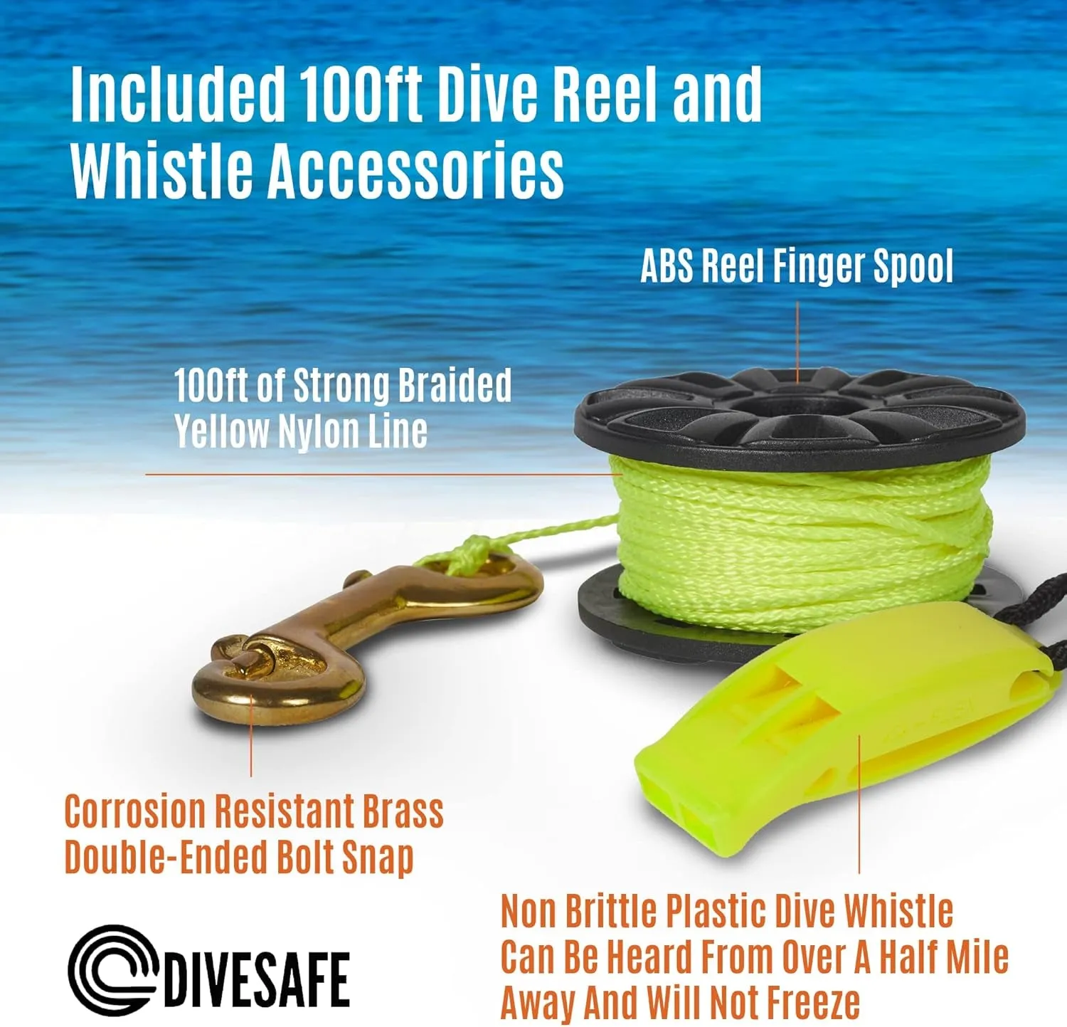 Divesafe Delayed Surface Marker Buoy - 6Ft Open Bottom with over Pressure Valve, High Visibility Reflective Band, Strobe Light or Flashlight Holder, 100Ft ABS Finger Reel and Whistle