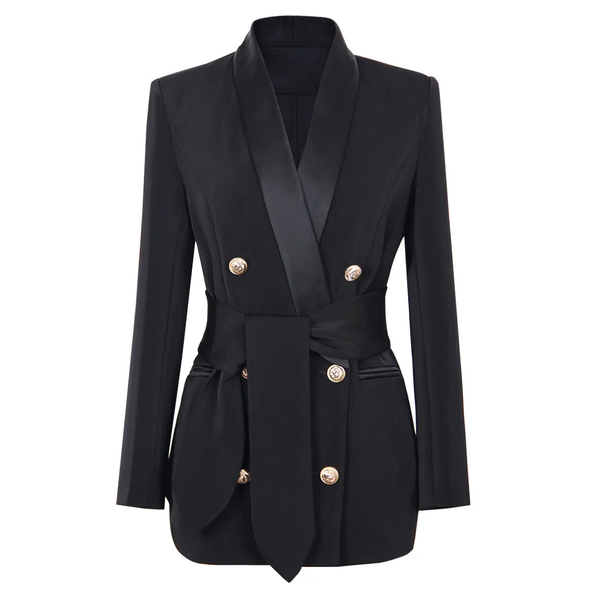 Double Breasted Blazer Ensemble with Metal Lion Head Buttons
