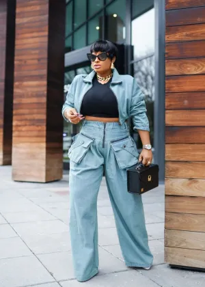 Fashion Forward Diva- 2pcs Denim Crop Blouse/Cargo Pant Set (NEW! 2 colors)