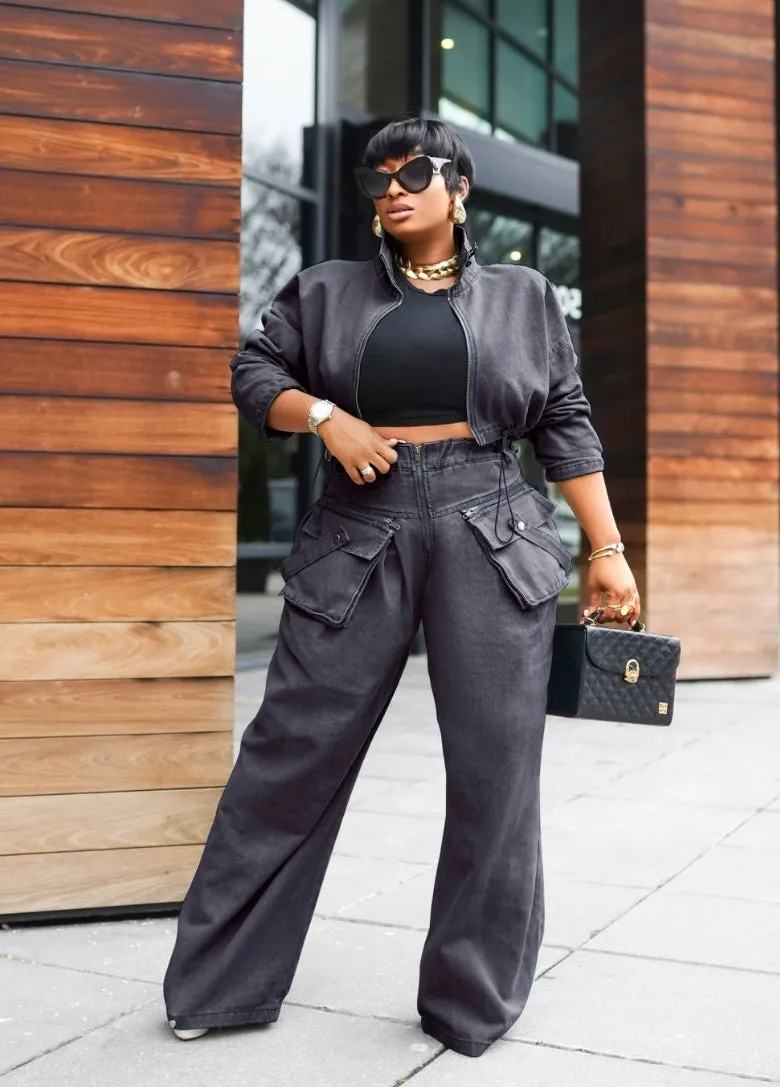 Fashion Forward Diva- 2pcs Denim Crop Blouse/Cargo Pant Set (NEW! 2 colors)