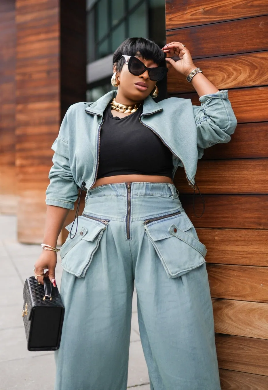 Fashion Forward Diva- 2pcs Denim Crop Blouse/Cargo Pant Set (NEW! 2 colors)