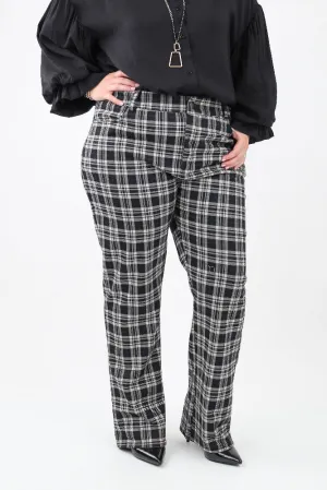 Flowing Flare Plaid Trousers - Black