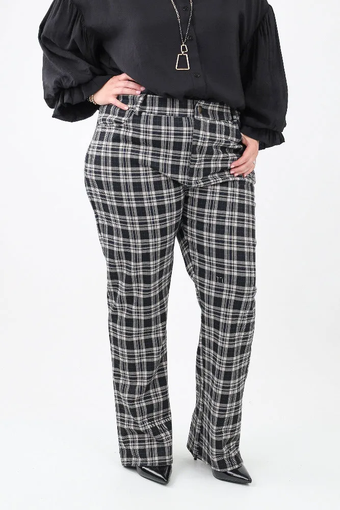 Flowing Flare Plaid Trousers - Black