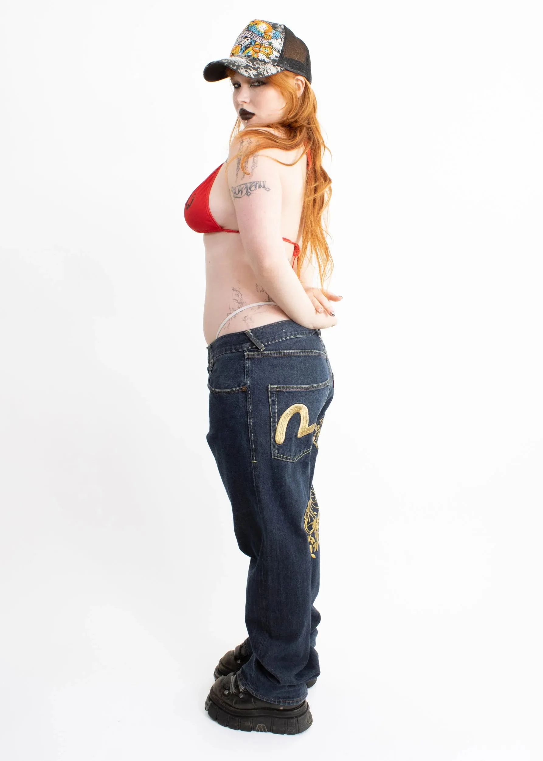 Gold metallic tiger embroidered skate jeans