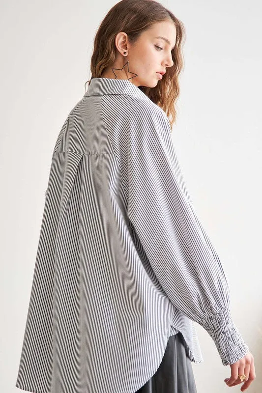 Gray High-Low Striped Button Down Smocked Lantern Sleeve Shirt