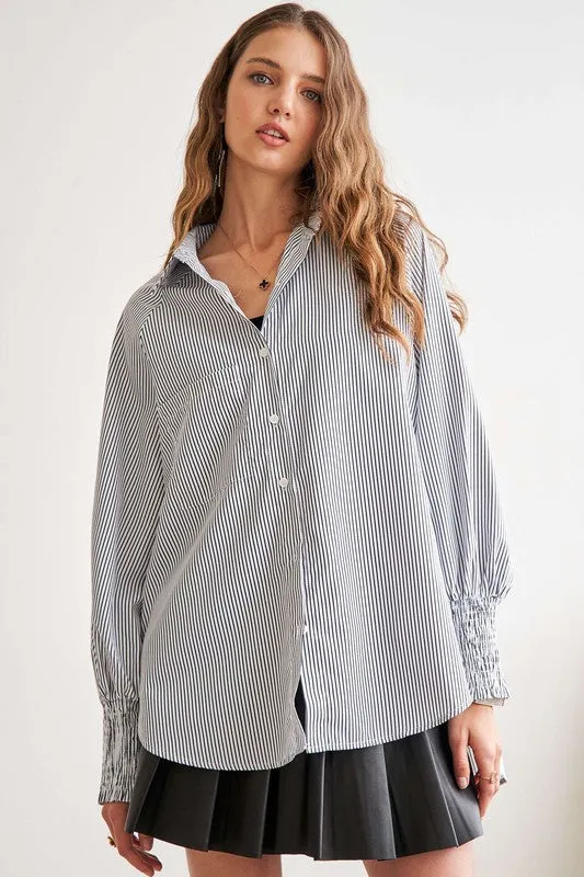 Gray High-Low Striped Button Down Smocked Lantern Sleeve Shirt