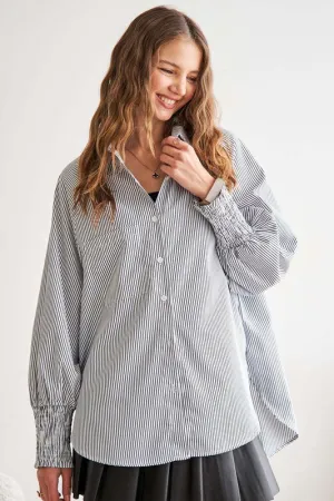 Gray High-Low Striped Button Down Smocked Lantern Sleeve Shirt