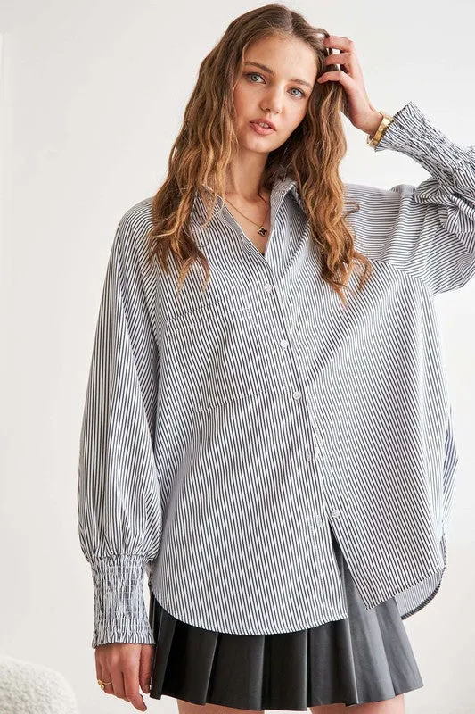Gray High-Low Striped Button Down Smocked Lantern Sleeve Shirt