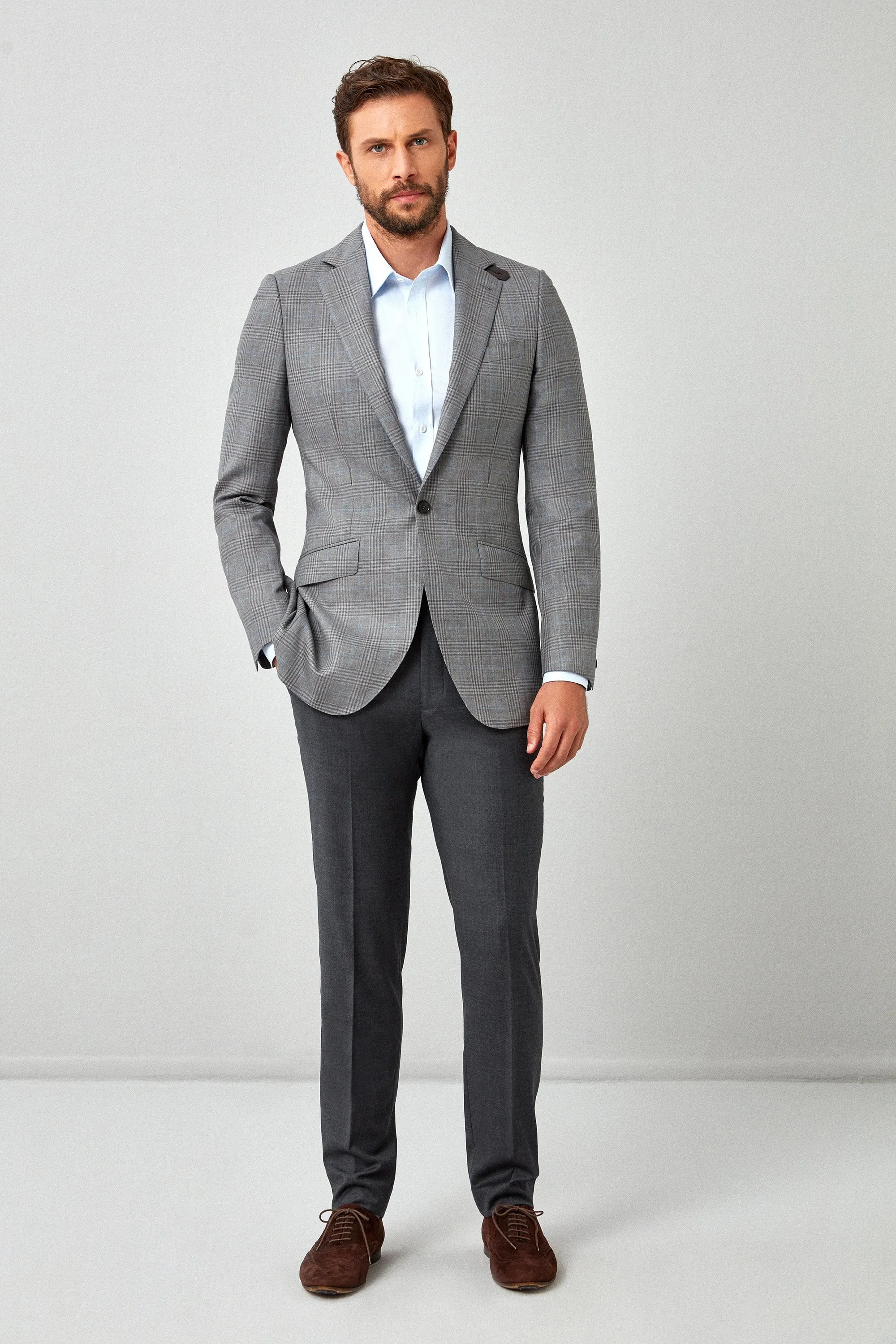 Gray Solid Worsted Plain Weave Trousers