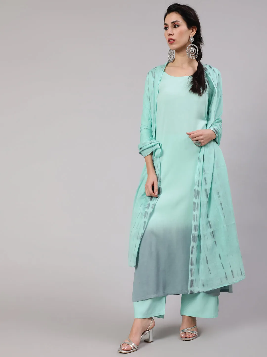 Green & Grey Tie & Dye Kurta Palazzo With Dupatta