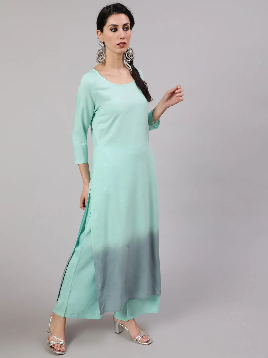 Green & Grey Tie & Dye Kurta Palazzo With Dupatta