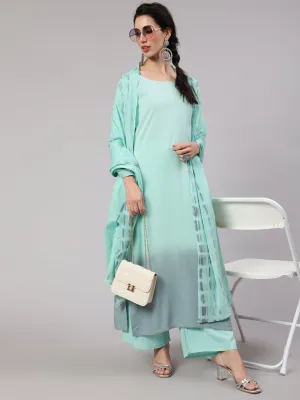 Green & Grey Tie & Dye Kurta Palazzo With Dupatta