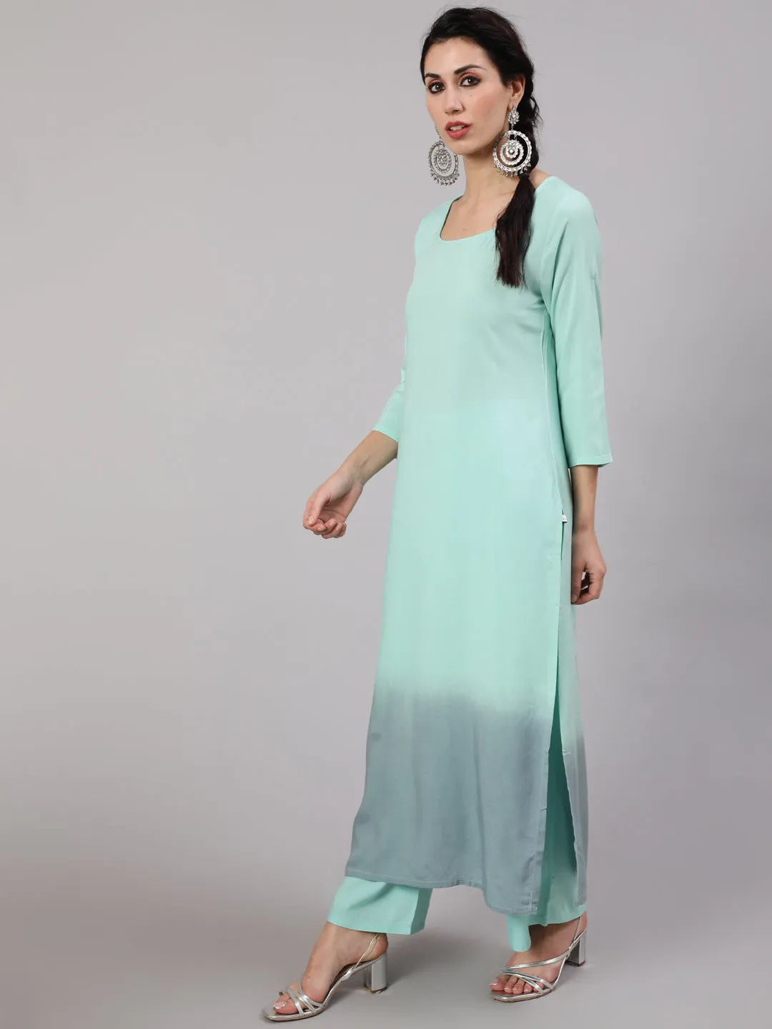 Green & Grey Tie & Dye Kurta Palazzo With Dupatta