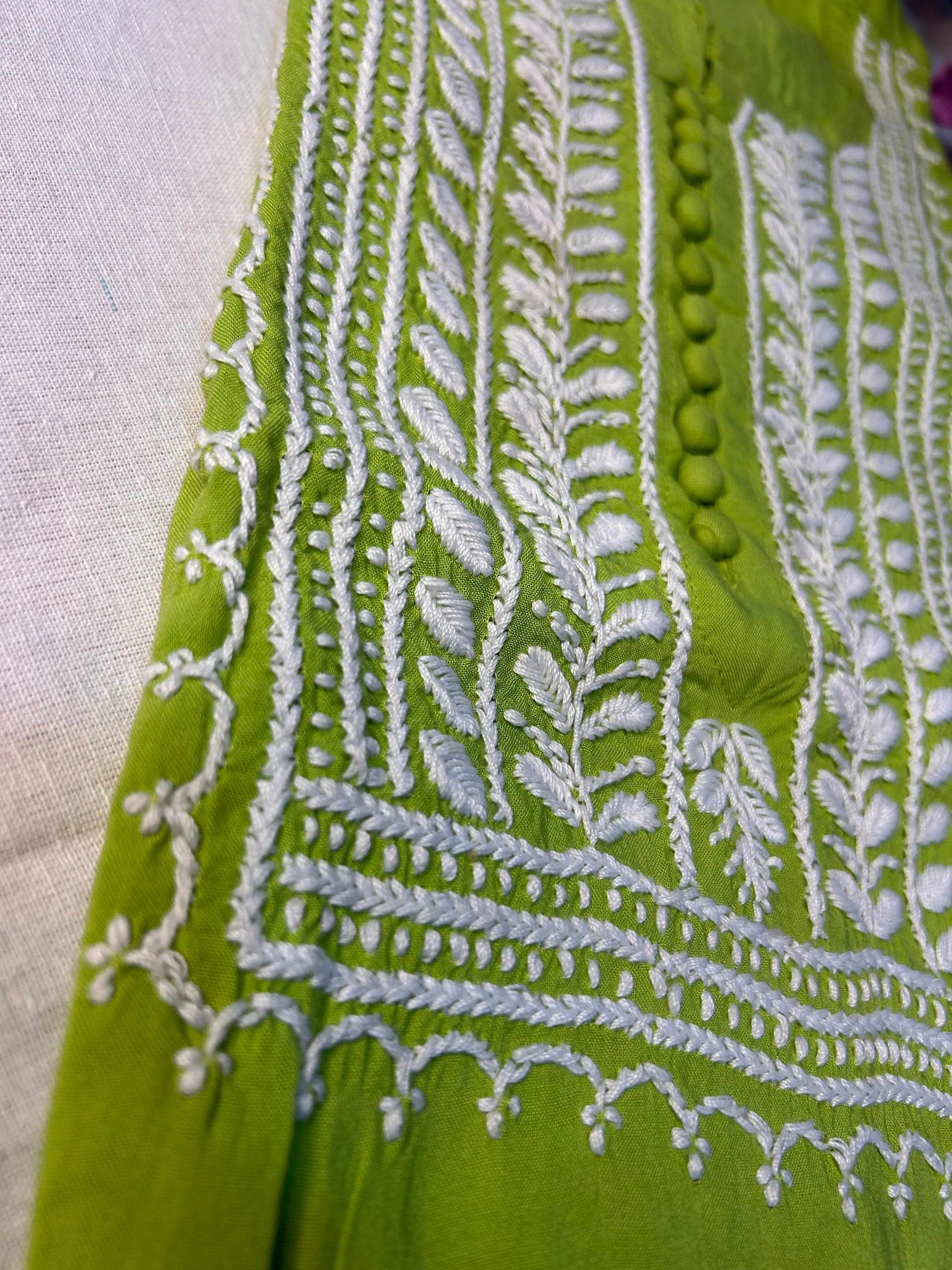 Green Chikankari Kurti In Rayon With Cotton Stripes Pant
