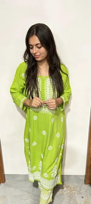 Green Chikankari Kurti In Rayon With Cotton Stripes Pant