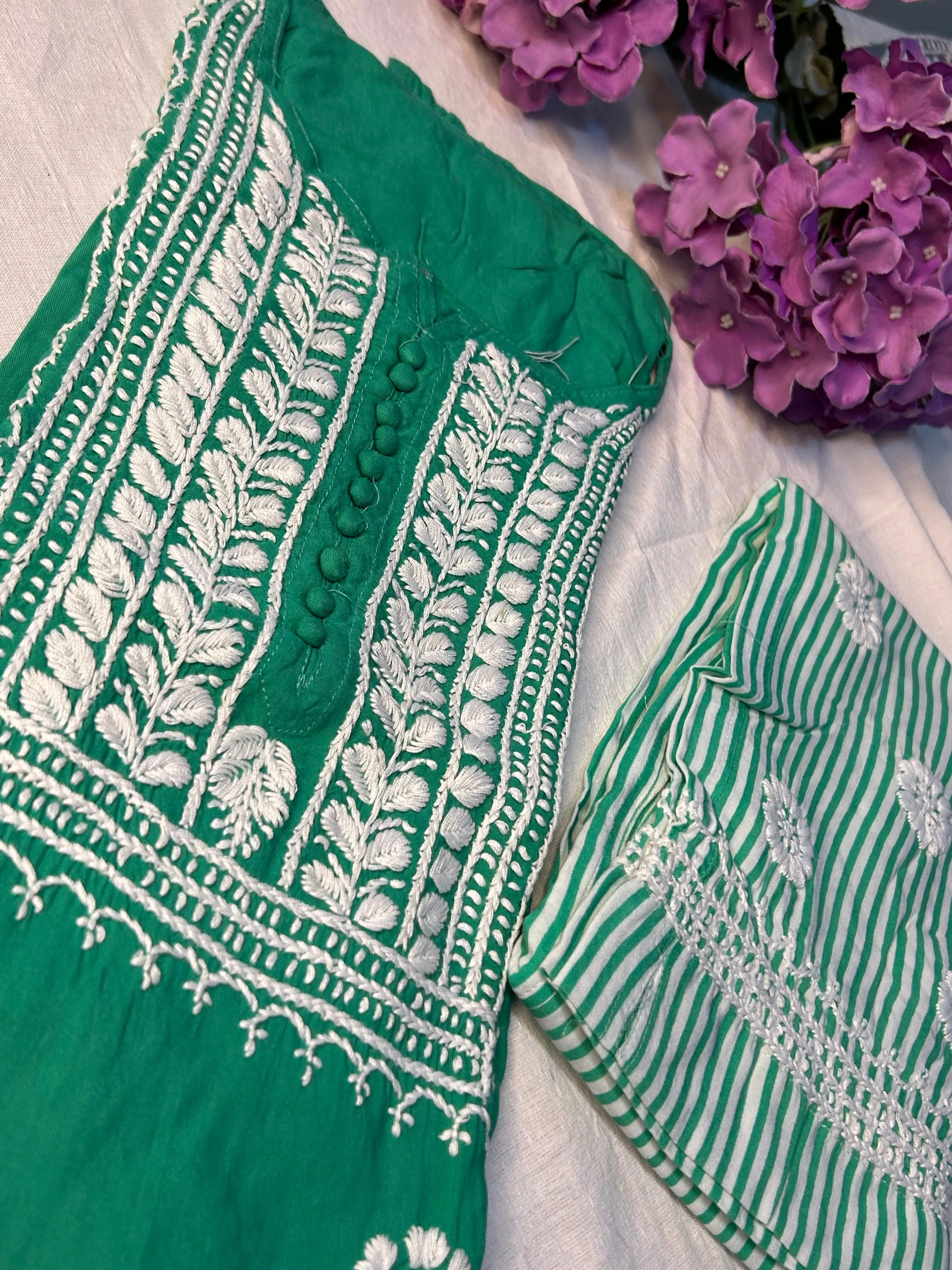 Green Chikankari Kurti In Rayon With Cotton Stripes Pant