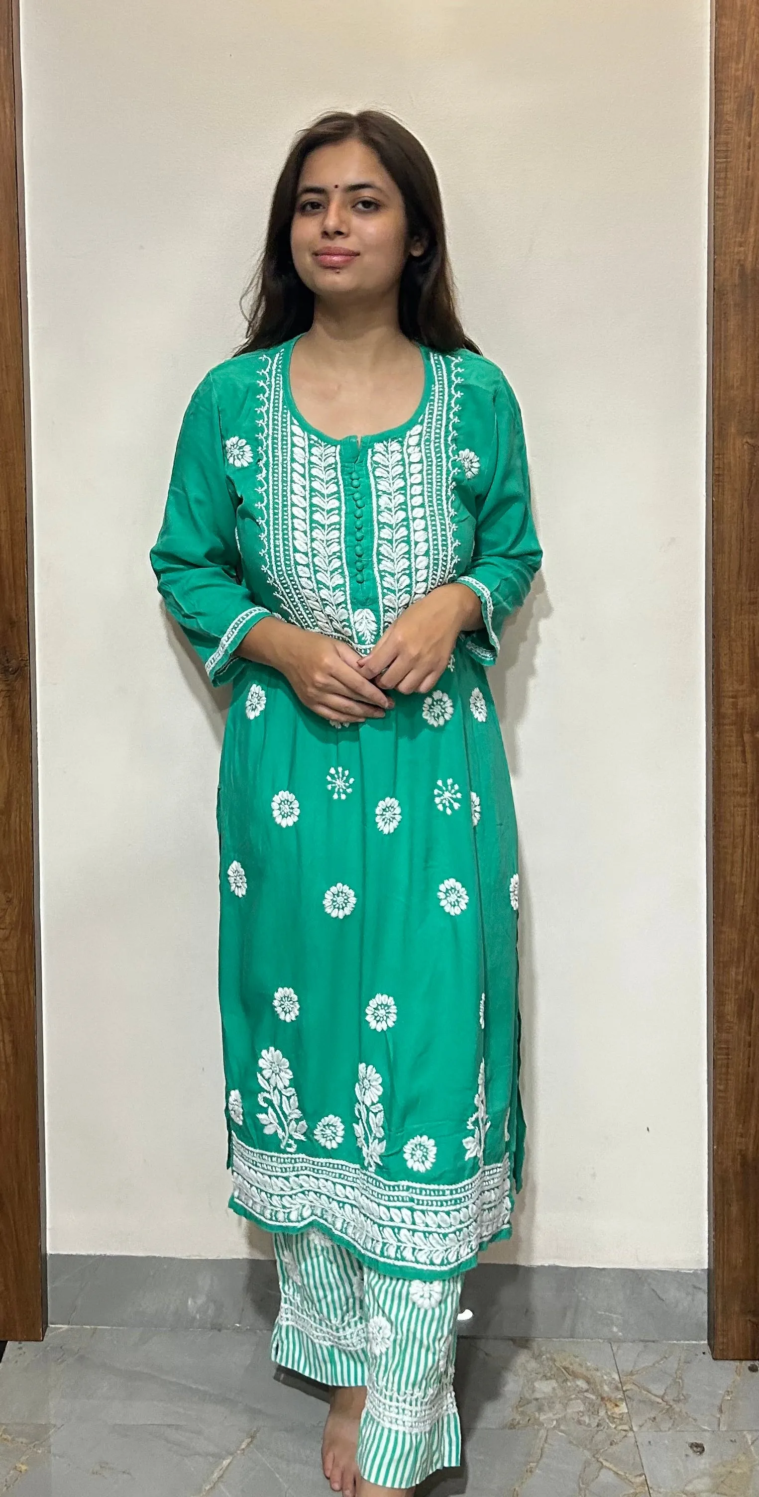 Green Chikankari Kurti In Rayon With Cotton Stripes Pant