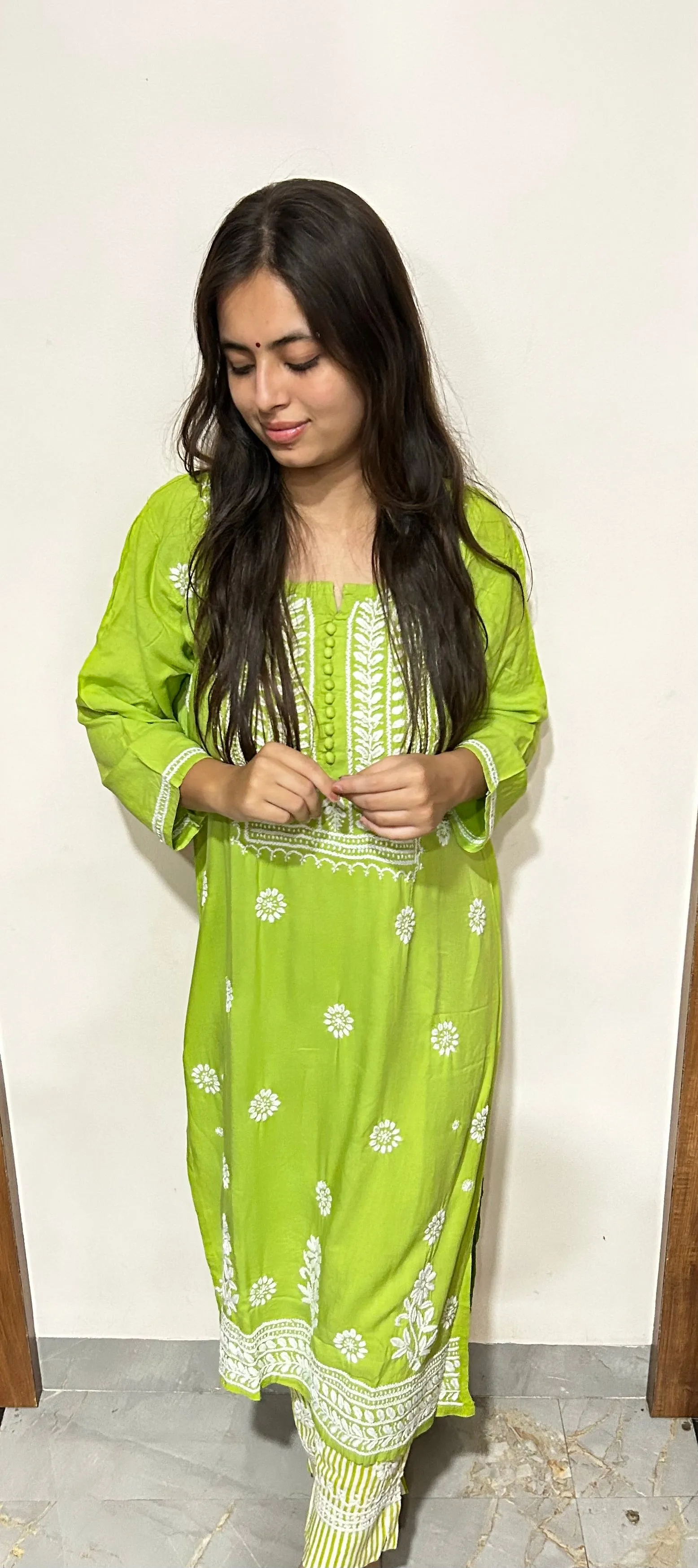 Green Chikankari Kurti In Rayon With Cotton Stripes Pant