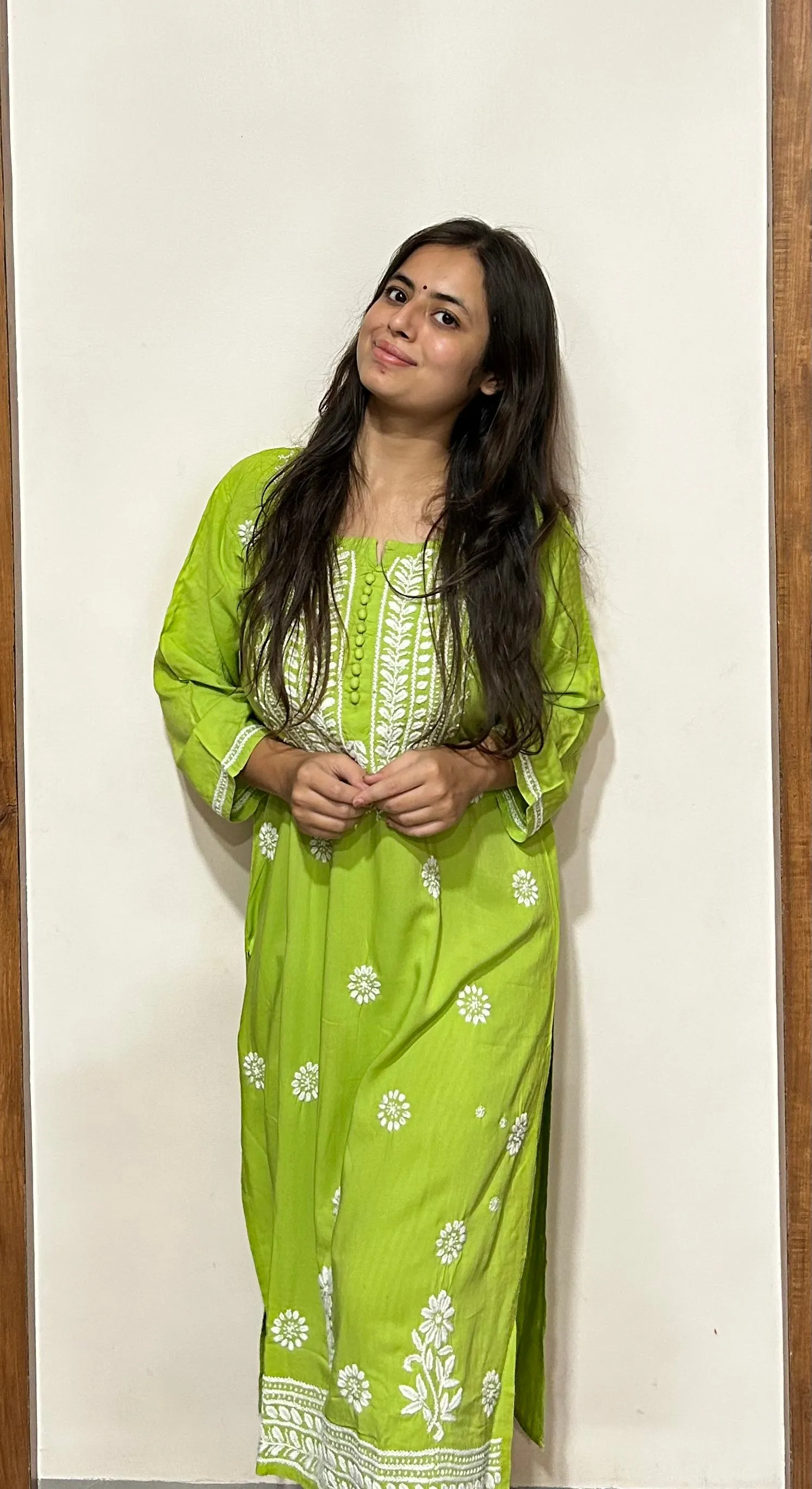 Green Chikankari Kurti In Rayon With Cotton Stripes Pant