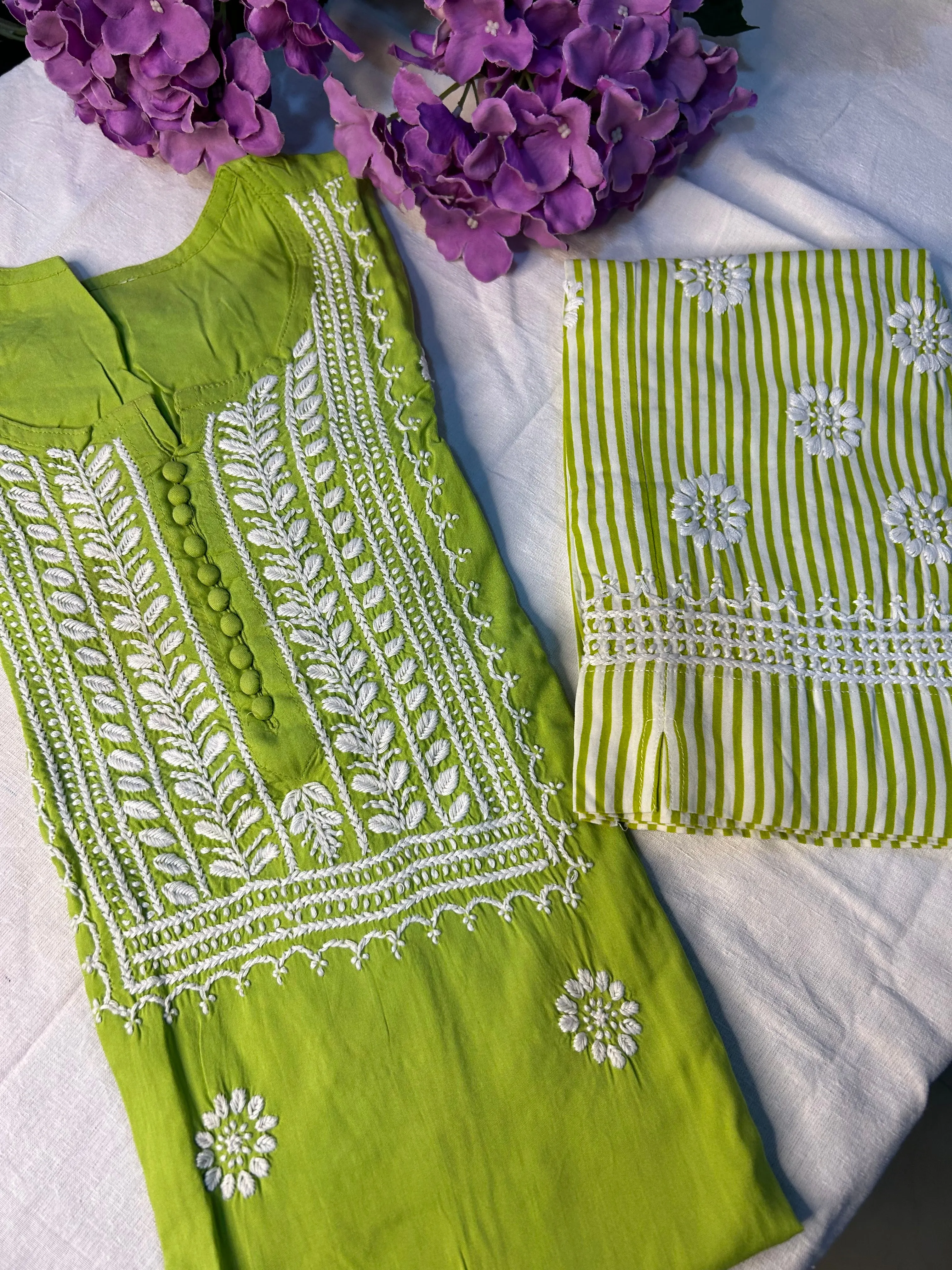 Green Chikankari Kurti In Rayon With Cotton Stripes Pant