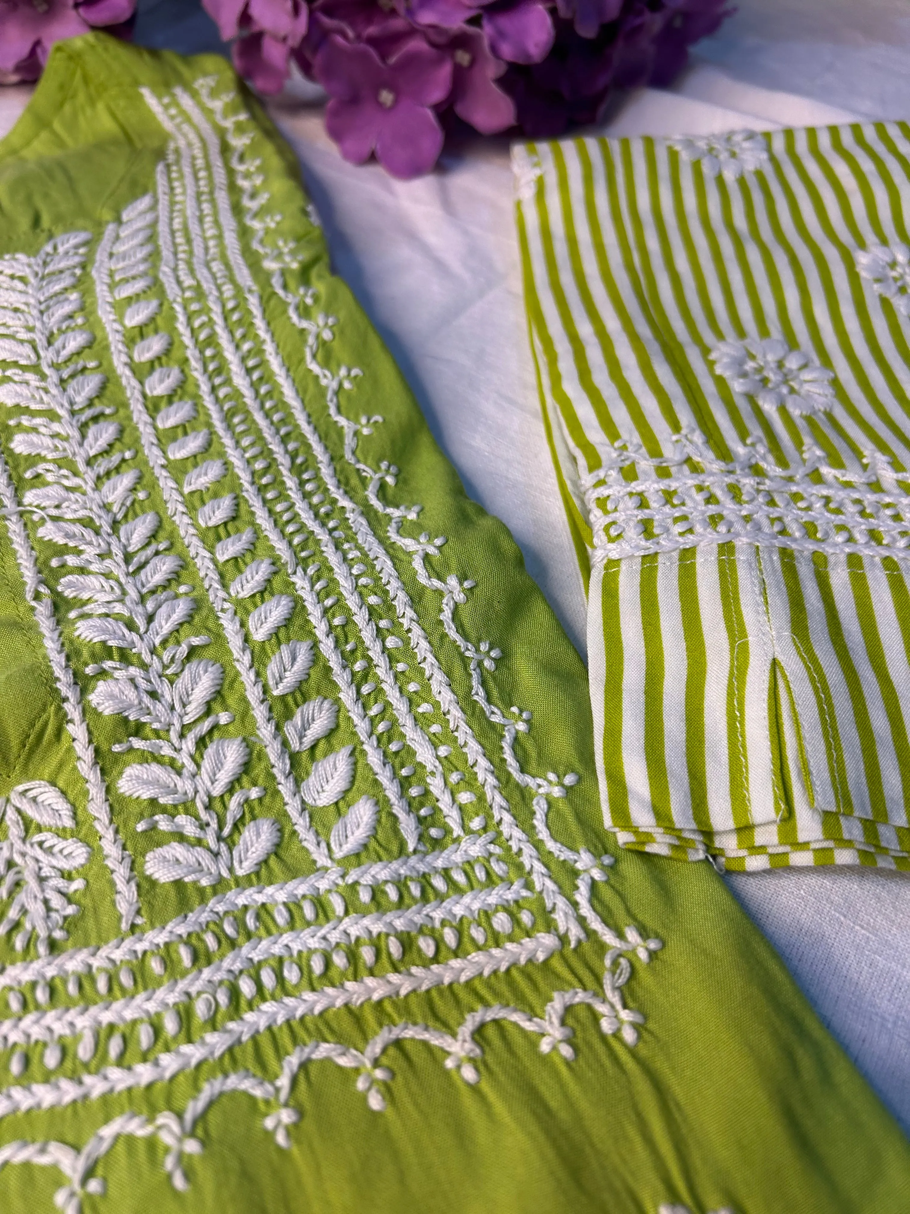 Green Chikankari Kurti In Rayon With Cotton Stripes Pant