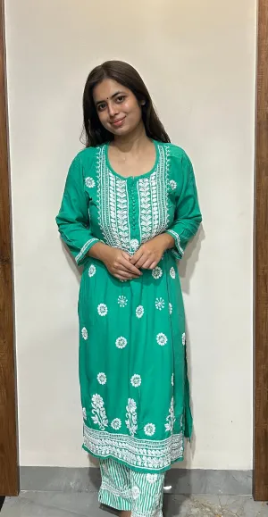 Green Chikankari Kurti In Rayon With Cotton Stripes Pant