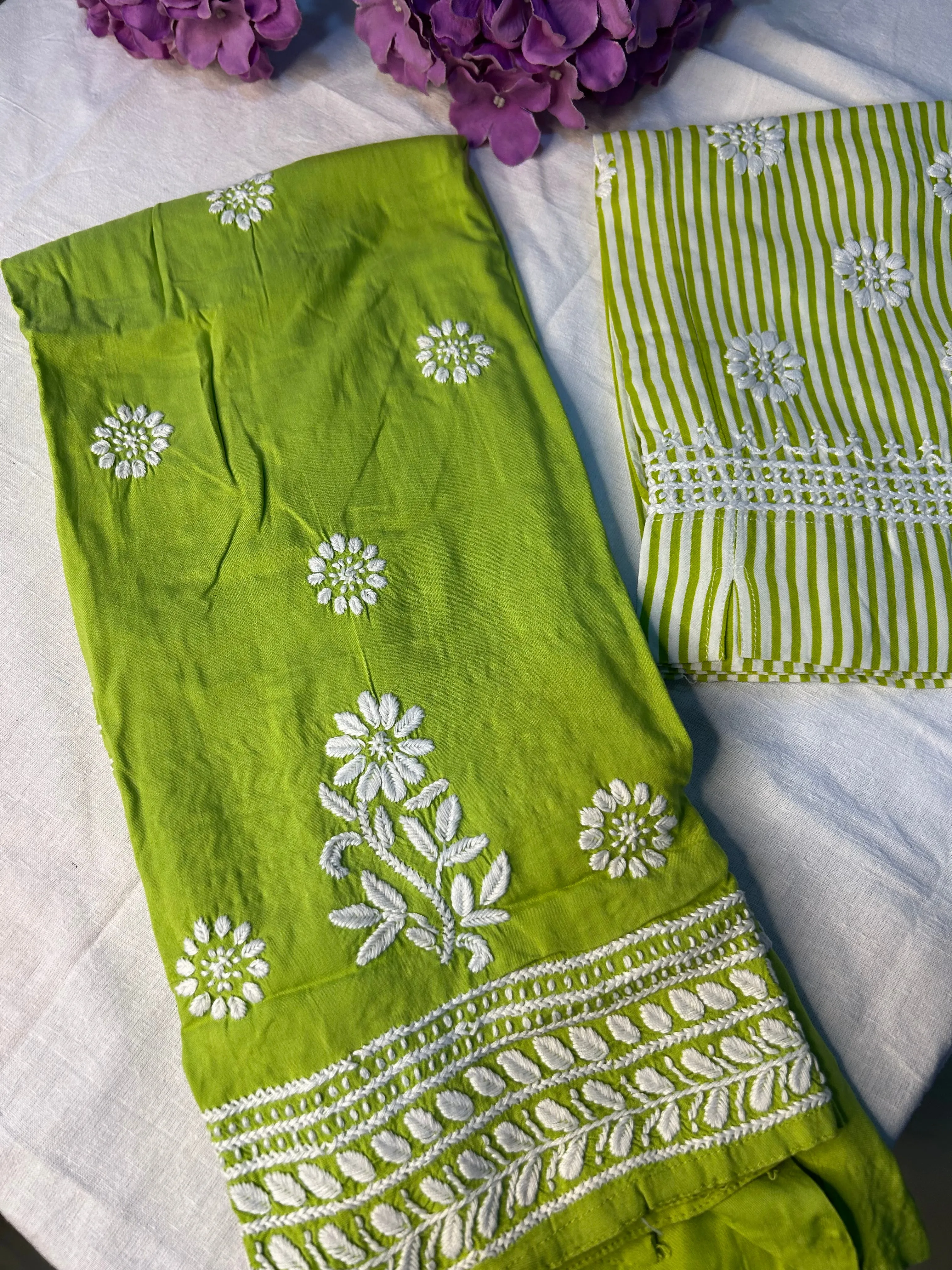 Green Chikankari Kurti In Rayon With Cotton Stripes Pant