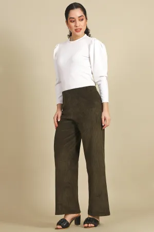 Green Solid Cotton Blend Straight Pants