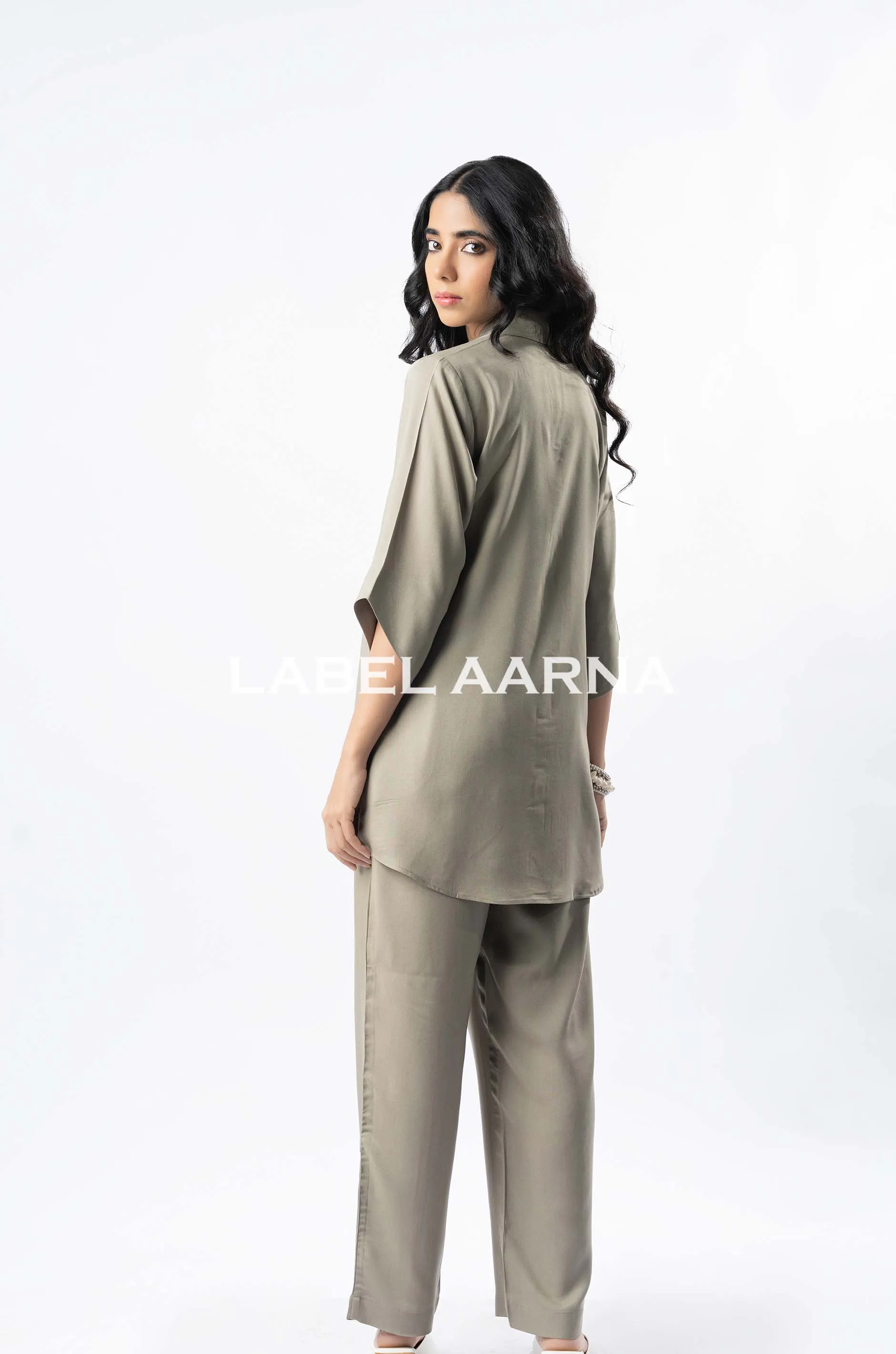 Grey Viscose Rayon Shawl Collar With Curved Sleeves Co-Ord Set