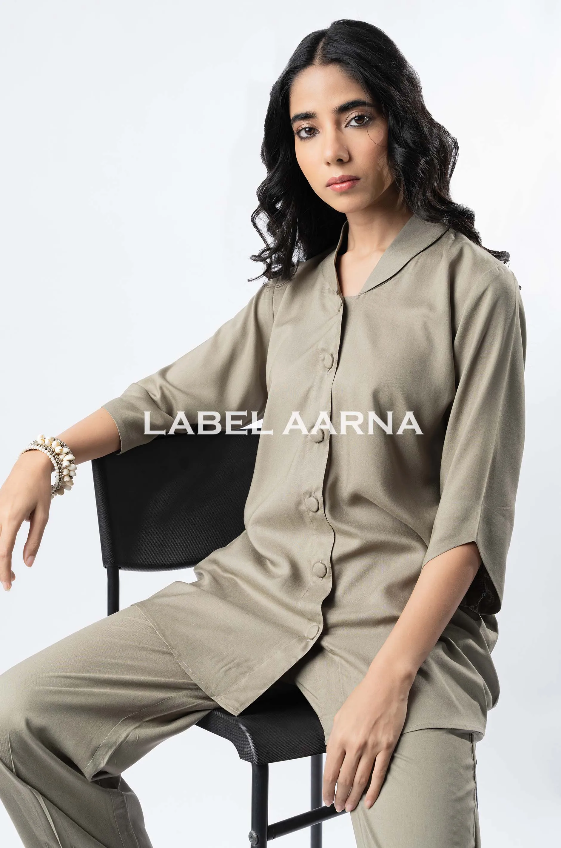 Grey Viscose Rayon Shawl Collar With Curved Sleeves Co-Ord Set