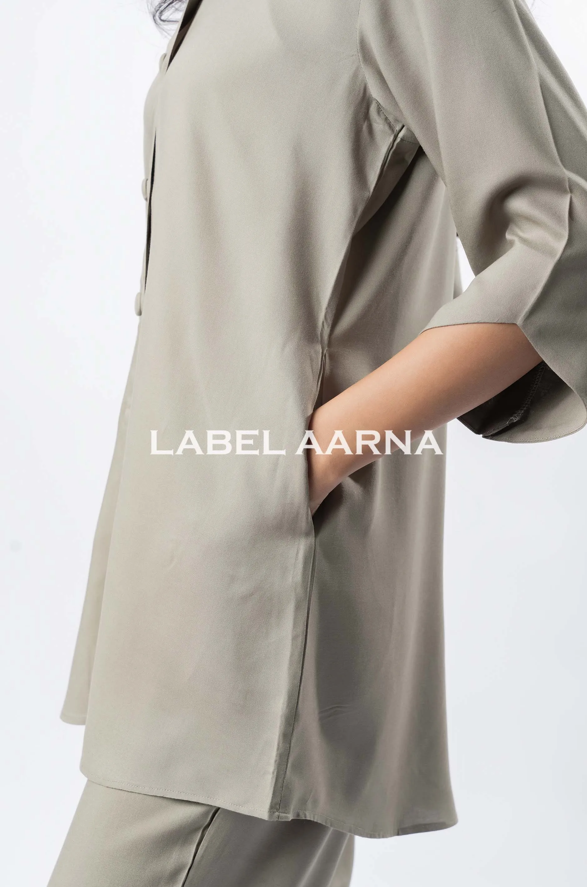 Grey Viscose Rayon Shawl Collar With Curved Sleeves Co-Ord Set